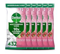 Dettol Antibacterial Multipurpose Disinfectant Wipes, Pomegranate Scent, 6 Pack of 72 (Total 432), Germ Protection, Surface Cleaner, Hygienic, Convenient, Fresh Fragrance