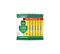 Dettol, Floor Cleaner, Antibacterial, Large Biodegradable Wipes, Citrus, 150 Wipes (25 x 6pck) Disinfectant, Kitchen and Bathroom, Home Hygiene, Kill