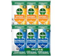 Dettol Antibacterial Biodegradable Kitchen & Bathroom Cleaning Wipes, 150 Count, Pack Of 6, Power Pure, Eco-Friendly, Multi-Surface, Effective Germ Protection, 3 X 25