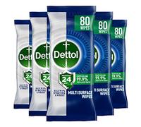 Dettol Protect 24 Multipurpose Antibacterial Wipes, 5 Pack of 80, Total 400, Long-Lasting Germ Protection, Ideal for Home, Office, Travel, First Aid Bag Essential