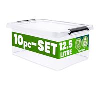 Deuba® 10x 12.5 Litre Storage Boxes With Click Closure Secure Lid | BPA Free Food-Safe Plastic Box | Small Stackable Transparent Organiser Crates for Kitchen Bedroom Garage Office