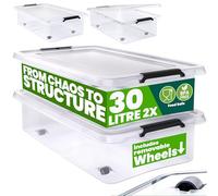 Deuba® 2x 30 Litre Plastic Rolling Storage Boxes with Lid | 30L Stackable Clear BPA-Free Container | Smooth Running Wheels | Handle | Really Useful Multi-Purpose Clip Lock Home Organiser