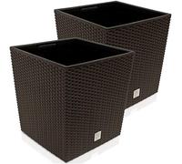 Deuba® 2x Large Plant Pot, Outdoor & Indoor Planter, 32x32x33cm, Brown | 35L Square Flowerpot Planter, Drainage Holes, Robust Rattan Effect Plastic Flower Pot for Patio, Balcony & Home Decor