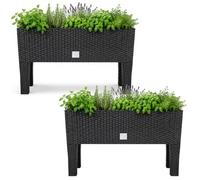 Deuba® 2x Raised Garden Bed Planter with Legs, 60x25x46cm, Anthracite Grey | 30L Plastic Trough Planter Box with Self Watering System, Rattan Elevated Raised Beds for Garden Vegetables Plants & Flowers