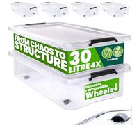 Deuba® 4x 30 Litre Storage Boxes with Lids and Handles | Smooth Running Wheels | Click Lock | Home and Kitchen, Office | Christmas Decorations, Shoe Storage, Dog Food Storage | Tool Box, Moving Boxes