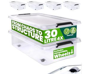 Deuba® 4x 30 Litre Storage Boxes with Lids and Handles | Smooth Running Wheels | Click Lock | Home and Kitchen, Office | Christmas Decorations, Shoe Storage, Dog Food Storage | Tool Box, Moving Boxes