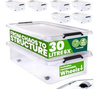 Deuba® 6x 30 Litre Storage Boxes with Lids and Handles | Smooth Running Wheels | Click Lock | Home and Kitchen, Office | Christmas Decorations, Shoe Storage, Dog Food Storage | Tool Box, Moving Boxes