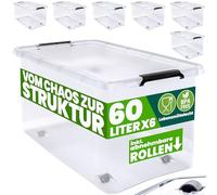 Deuba® 6x 60 Litre Plastic Rolling Storage Boxes with Lid | 60L Stackable Clear BPA-Free Container | Smooth Running Wheels | Handle | Really Useful Multi-Purpose Clip Lock Home Organiser