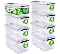 Deuba® 8x 2 Litre Storage Boxes With Click Closure Secure Lid | BPA Free Food-Safe Plastic Box | Small Stackable Transparent Organiser for Kitchen Bedroom Garage Office