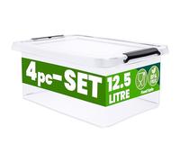 Deuba® Plastic Storage Boxes with Lids, Click Lock Storage, 4 x 12.5 Litres | Home and Kitchen, Office, Christmas Decorations, Under Bed Storage, Dog Food Storage, Tool Box, Toy Box, Clear Moving Boxes