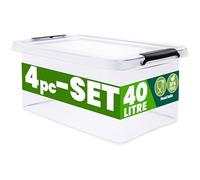 Deuba® Plastic Storage Boxes with Lids, Click Lock Storage, 4 x 40 Litres | Home and Kitchen, Office, Christmas Decorations, Under Bed Storage, Dog Food Storage, Tool Box, Toy Box, Clear Moving Boxes