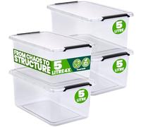 Deuba® Plastic Storage Boxes with Lids, Click Lock Storage, 4 x 5 Litres | Home and Kitchen, Office, Christmas Decorations, Under Bed Storage, Dog Food Storage, Tool Box, Toy Box, Clear Moving Boxes
