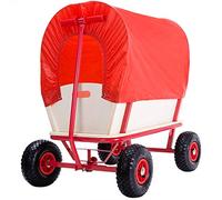 DEUBA® Wooden Garden Handcart with Pneumatic Tyres | Up To 180 kg Capacity | 4 Inflatable Tyres Pull Handle | Hand Cart Kart Truck Fire Log Transport Trolley | Steel Frame | Red Brown