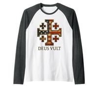 Deus Vult: Jerusalem Cross with USA Flag Raglan Baseball Tee