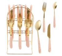 Deuson 24 Pcs Silverware Set with Hanging Holder Stainless Steel Flatware Set Service for 6 Utensils Set Mirror Polished Tableware Set Forks Knives Spoon Set for Home Kitchen(Pink)