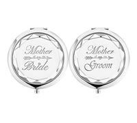 Deutrnew 2 Pack, Wedding Keepsake Gift, 1 Mother of the Bride, 1 Mother of The Groom, Crystal Pocket Compact Makeup Mirror, Engraved Present (Silver, 2.75 Inch)