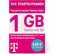 Deutsche Telekom MagentaMobil Prepaid S SIM Card, 5G/LTE Max, 1 GB, Flat to Telekom Mobile Network, 50 Free Minutes, 10 EUR Start, 4 Weeks Validity