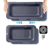 DEUXYU Kitchen Sink Strainer, Extendable Drainer 34-48 cm, BPA-Free Plastic, Pasta & Fruit Veggie Washer, Modern Design, 0.5 cm Mesh, 48 cm L x 48 cm W x 4 cm H, 0.38 kg, Dishwasher Safe