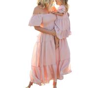 DeuYeng Mother Daughter Matching Dresses Ruffled Hem Short Sleeves A-Line Summer Mommy and Me Maxi Dresses (Women, L, Pink)