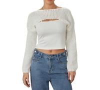 DeuYeng Women Open Front Bolero Shrug Sweaters Long Sleeve Crop Pullovers Knit Tops Cropped Cardigan Fall Blouse Outerwear (04 White, L)