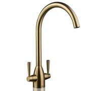 Deva Carlow Dual Lever Kitchen Sink Mixer Tap In Brushed Brass - Sleek & Durable Swan Neck Design - With Swivel Spout