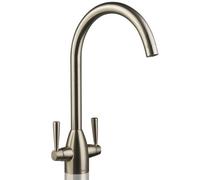 Deva Carlow Dual Lever Kitchen Sink Mixer Tap In Brushed Chrome - Sl urable Swan Neck Design - With Swivel Spout