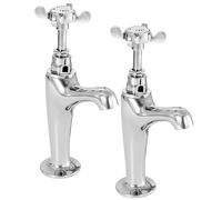 Deva Coronation High Neck Kitchen Sink Chrome Finish Hot & Cold Traditional Edwardian Era Style Cross Handle Silver Basin Pillar Tap CR27A - 12 Year Warranty, Set of 2 Pieces