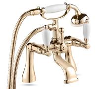 Deva Georgian Bath Shower Mixer Tap Kit - Gold Finish Traditional Style Bath Tap - 3/4 BSP - WRAS KIWA Approved - White Single Lever Easy Turn Handles - 12 Year Warranty GE03/501