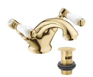 Deva Georgian Mono Bathroom Basin Mixer Tap - Gold Finish Classic Design 1/2 BSP with Lever Operated Pop Up Waste - WRAS KIWA Approved Sink Taps - 12 Year Warranty GE04/501