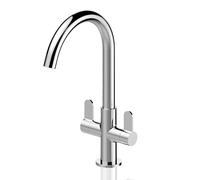 Deva Monobloc Kitchen Sink Mixer Tap Twin Lever in Chrome - Swivel Spout for Single Dual Basin - Silver Brass Hot & Cold Mono Taps - UK Standard 1 Hole Kit - 12 Year Warranty Preston PTN104