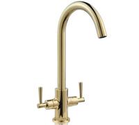 Deva Nelson Monobloc Kitchen Mixer Tap, WRAS Approved, Gold Finish, Dual Lever Control, Swivel Spout, Flexible Tails, Single Hole Installation, for Low Pressure, Modern Kitchen Sink Faucet