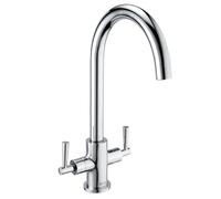 Deva NTN104 Twin Lever Kitchen Sink Mixer Tap with Chrome Finish Swivel Spout - Deck Mount Large Easy Use Dual Flow Hot & Cold Silver Handles - for Dual Single Basin - 12 Year Warranty
