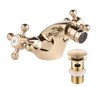 Deva TUD114/501 Tudor Bidet Mixer Tap in Gold - with Pop Up Waste - Dual Cross Handle - Hot & Cold Taps - Victorian Era Deck Mounted Bathroom Basin Single Hole Brass Faucet - 12 Year Warranty