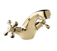 Deva Tudor Bathroom Basin Mixer Tap in Gold - with Pop Up Waste - Dual Cross Handle - Hot & Cold Taps - Victorian Era Deck Mounted Bathroom Basin Single Hole Brass Faucet - TUD113/501