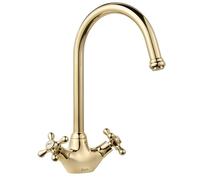 Deva SM057/501 Venetian Mono Kitchen Sink Mixer Tap with Gold Finish 360° Swan Swivel Spout-Easy Use Hot & Cold Brass Flow Cross Handles-for Dual Single Basin-12 Year Warranty
