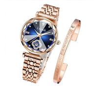 devaco Stainless Steel Rose Gold Diamond Quartz Wristwatch, Fashionable Square Waterproof Date Ladies' Watch, blue dial gold band, women's watch