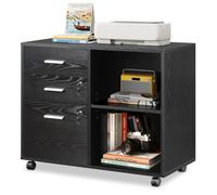 DEVAISE Rolling Container with 3 Drawers and Open Shelves, Mobile Filing Cabinet with Wheels, Printer Table for DIN A4/Legal/Letter, Lockable Cabinet for Office and Home Office, balck