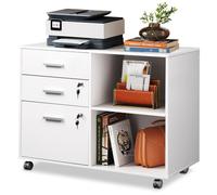 DEVAISE Rolling Container with 3 Drawers and Open Shelves, Mobile Filing Cabinet with Wheels, Printer Table for DIN A4/Legal/Letter, Lockable Cabinet for Office and Home Office, White