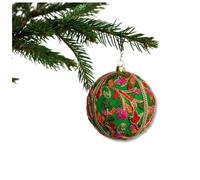 Devaki Bauble - 10 cm | Handmade Green Fabric Ornament with Vibrant Embroidery & Gold Trim | Luxury Sustainable Décor for Home Styling, Weddings & Events