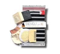 DEVELI Turkish Bath Set, 6 Pieces with Natural Tar Soap, Brass Soap, Exfoliating Gloves, Facial Mitt, Wooden Comb, Traditional Hammam Accessories for Body Care