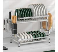 devesanter 2 Tier Dish Drainer Rack 42 CM Space-Saving Dish Drainer,with Removable Drip Tray Utensil Knife Cutting Board Holder Dish Racks for Kitchen Counter（silver）