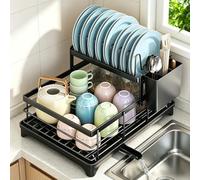 devesanter 2-Tier Kitchen Drain Rack,Dish Dryer with Cutlery Basket and Drip Tray,with 360°Spout,Space-Saving Sink Drainer for the Kitchen (Black)