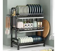 devesanter 3 Tier Dish Drainer Rack 52CM Black Dish Drying Rack with Removable Drip Tray Utensil Knife Cutting Board Holder Rust Proof Large Metal Kitchen Plate Draining Sink（Black）