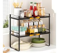 devesanter Expandable Kitchen Cabinet Organiser, Pack of 2, Stackable Cupboard Shelf, Adjustable Kitchen Cabinet Shelf, Spice Rack, Cabinet Insert for Kitchen Cupboard (Black)
