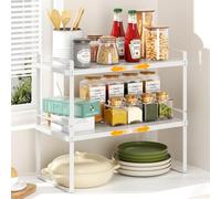 devesanter Expandable Kitchen Shelf Organiser, Pack of 2, Stackable Kitchen Shelf, Worktop Organiser, Spice Holder, Shelf Insert for Kitchen Cabinet for Kitchen, Bathroom, Table Top, Sideboard (White)
