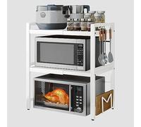 devesanter Expandable Microwave Oven Rack 3 Tier microwave shelf, with 6 hooks Adjustable Width & Height Kitchen Counter Organizer Shelf Stand, Pot Pan Grill Storage Racks, Width 40-64cm white