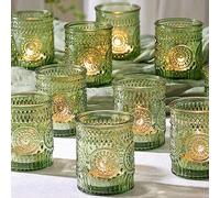 DEVI 24pcs Green Votive Candle Holders for Wedding, Glass Tea Lights Holder, Baby Shower St. Patrick's Day Table Decor, Vintage Depression Glass Centerpiece