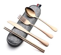 DEVICO Camping Cutlery Set for 1, Portable Travel Utensils Set with Case, Reusable Stainless Steel Knife Fork Spoon Chopsticks for Work Lunch Picnic School, Dishwasher Safe (Rose Gold)