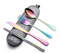 DEVICO Camping Cutlery Set for 1, Portable Travel Utensils Set with Case, Reusable Stainless Steel Knife Fork Spoon Chopsticks for Work Lunch Picnic School, Dishwasher Safe (Rainbow)