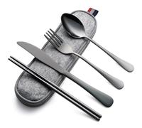 DEVICO Camping Cutlery Set for 1, Portable Travel Utensils Set with Case, Reusable Stainless Steel Knife Fork Spoon Chopsticks for Work Lunch Picnic School, Dishwasher Safe (Black)